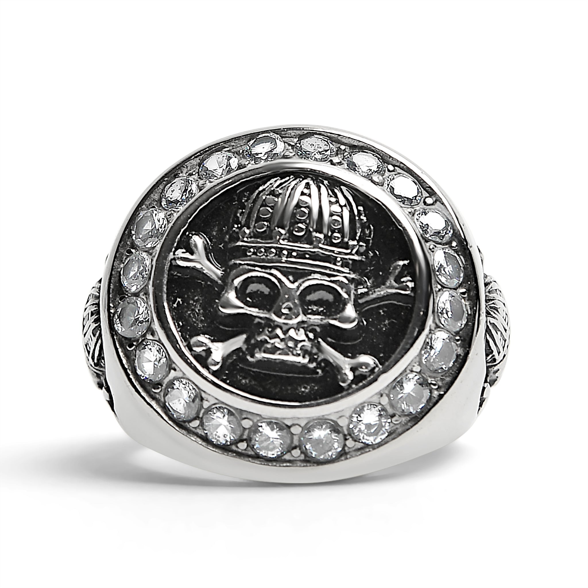 Stainless Steel King Skull And Crossbones With CZ Accent Stones Signet Ring