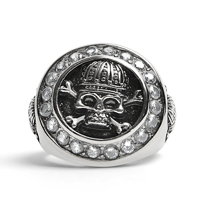 Stainless Steel King Skull And Crossbones With CZ Accent Stones Signet Ring