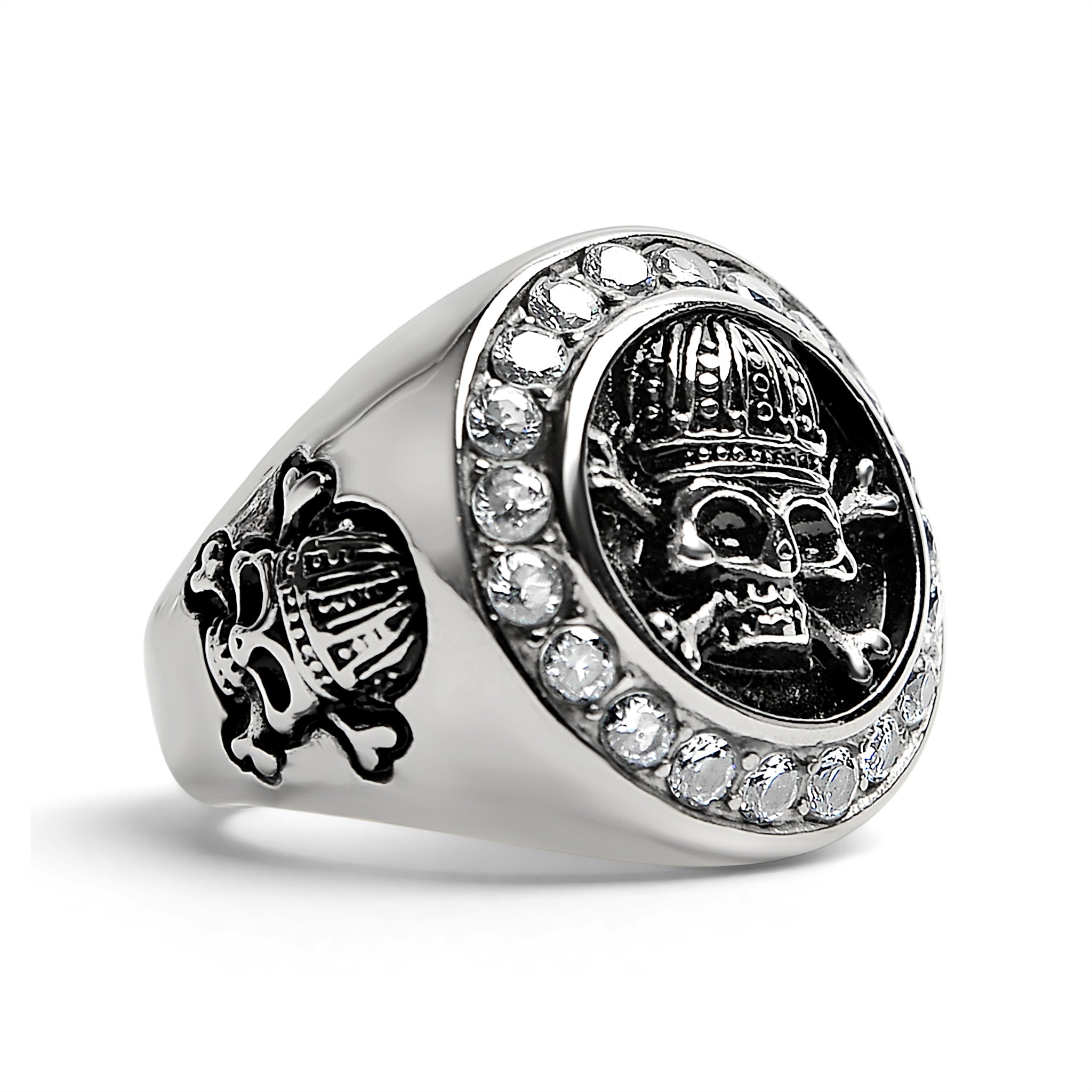 Stainless Steel King Skull And Crossbones With CZ Accent Stones Signet Ring