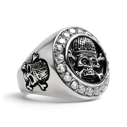 Stainless Steel King Skull And Crossbones With CZ Accent Stones Signet Ring