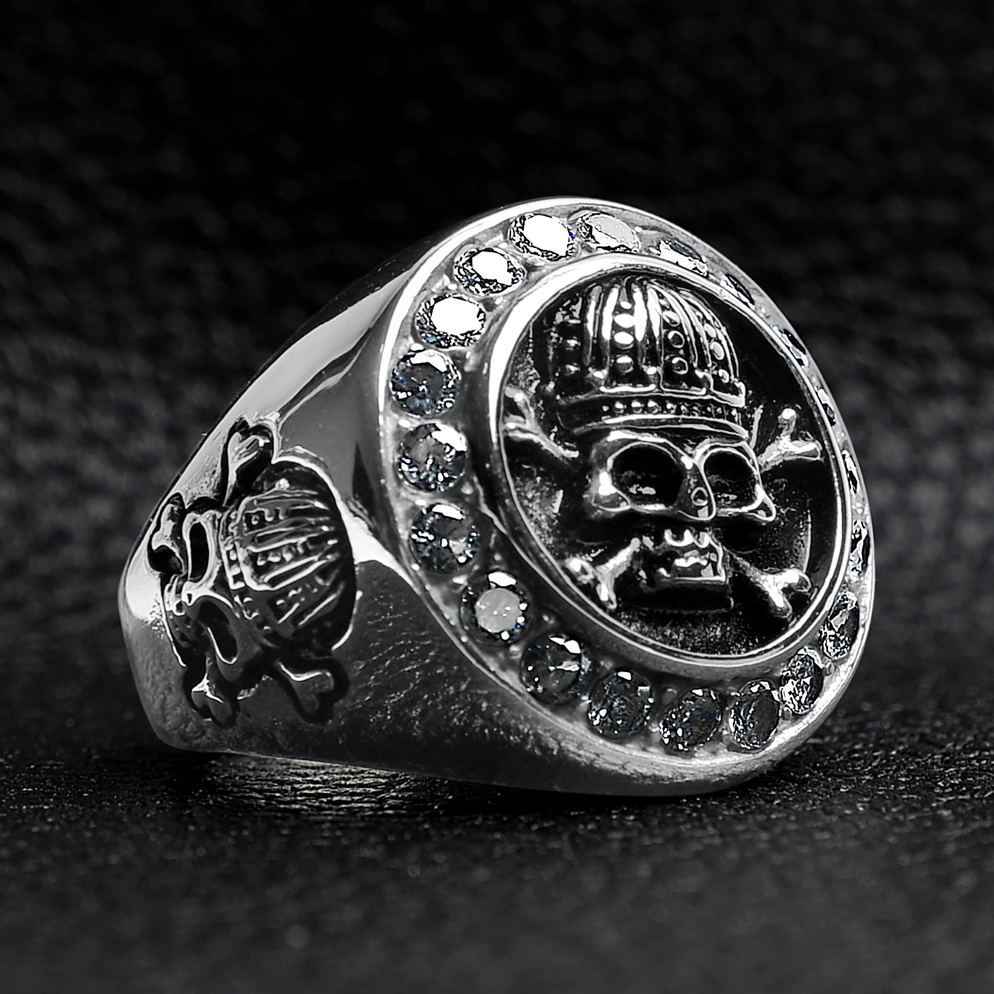 Stainless Steel King Skull And Crossbones With CZ Accent Stones Signet Ring