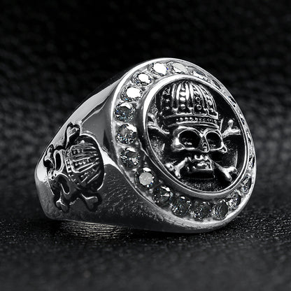 Stainless Steel King Skull And Crossbones With CZ Accent Stones Signet Ring