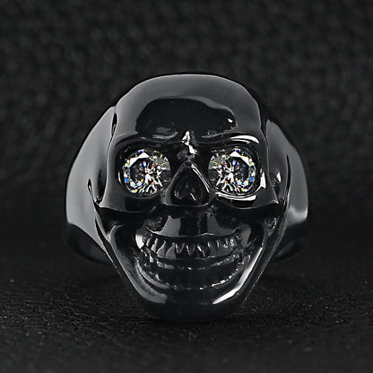 Stainless Steel Clear CZ Eyed Black Skull Ring