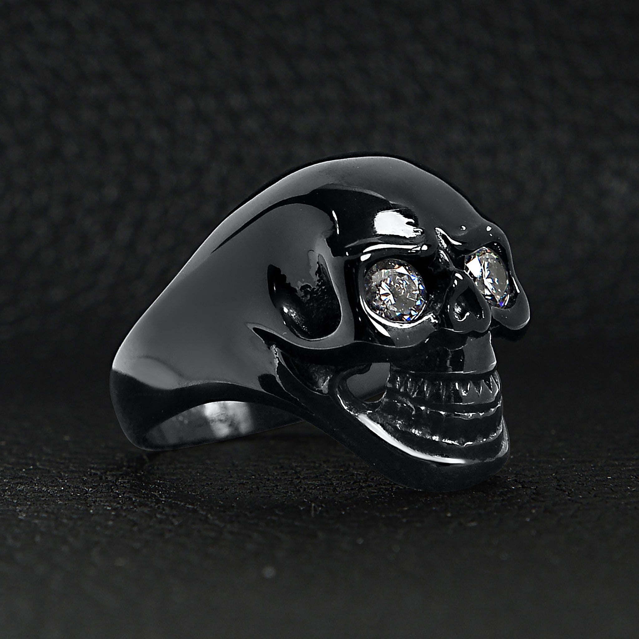 Stainless Steel Clear CZ Eyed Black Skull Ring