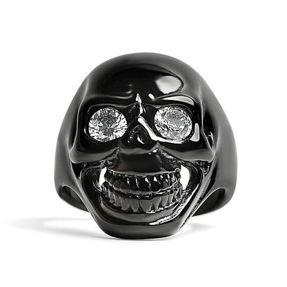 Stainless Steel Clear CZ Eyed Black Skull Ring
