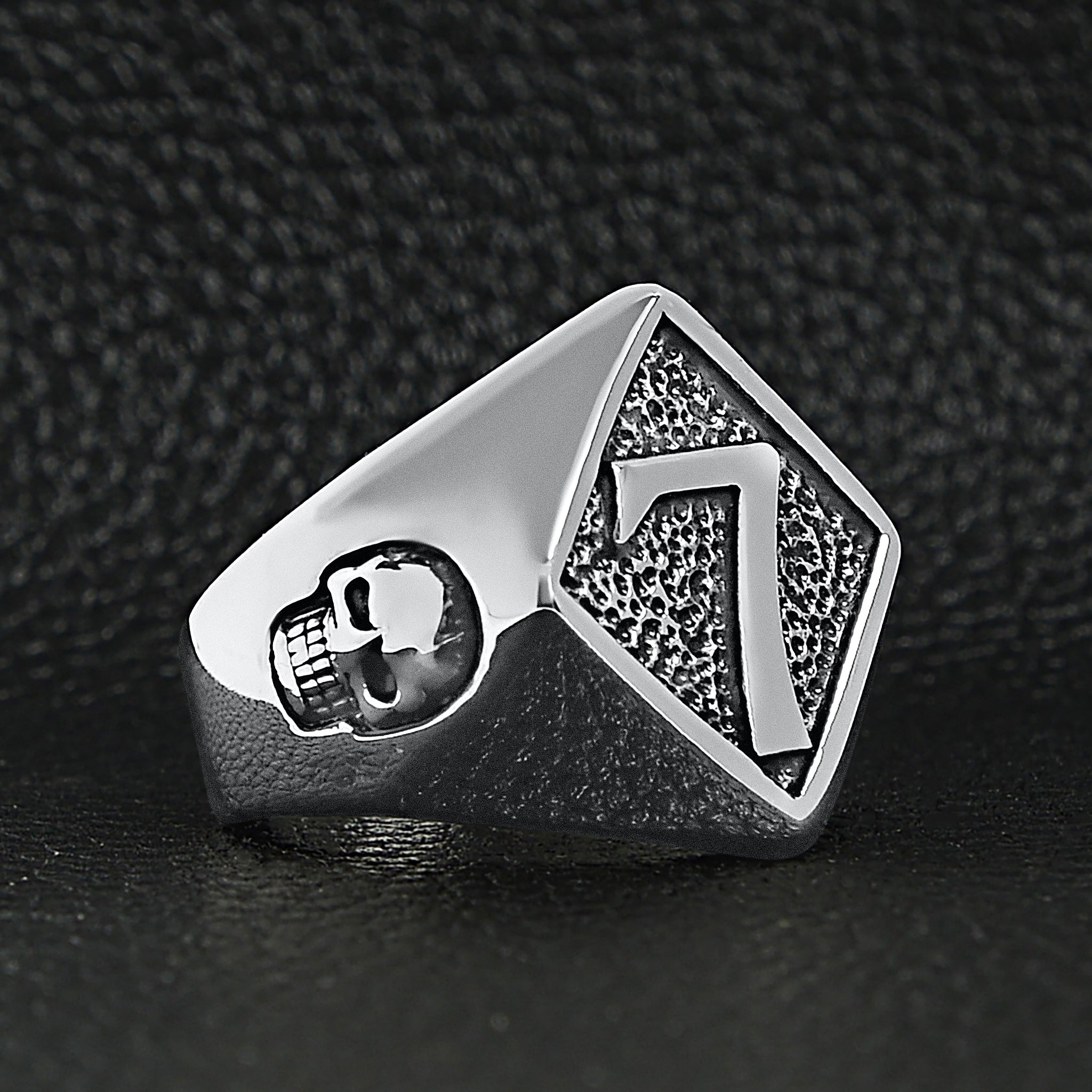 Stainless Steel Lucky "7" With Skull Accents Signet Ring