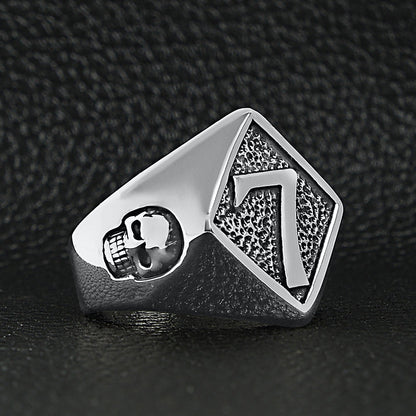 Stainless Steel Lucky "7" With Skull Accents Signet Ring