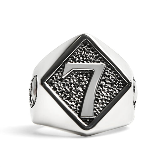 Stainless Steel Lucky "7" With Skull Accents Signet Ring