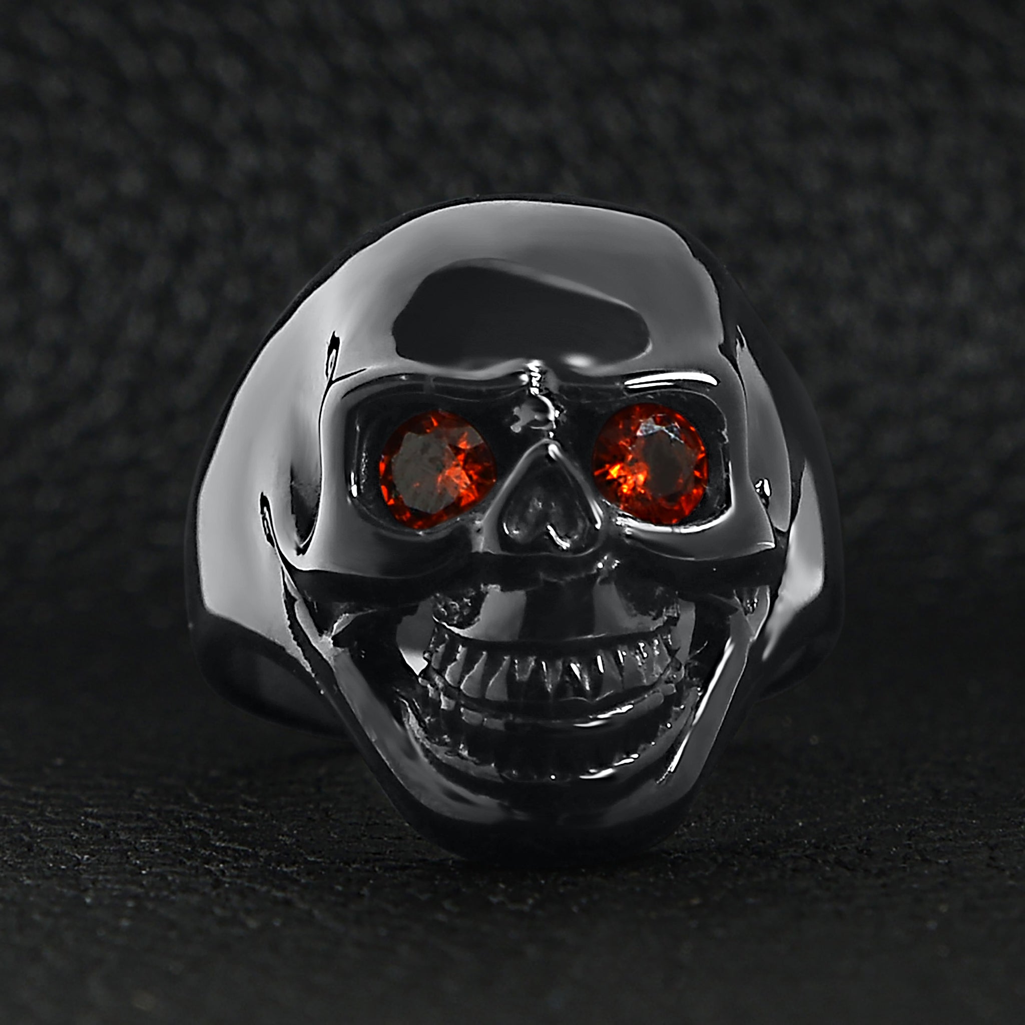 Stainless Steel Red CZ Eyed Black Skull Ring