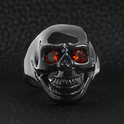 Stainless Steel Red CZ Eyed Black Skull Ring