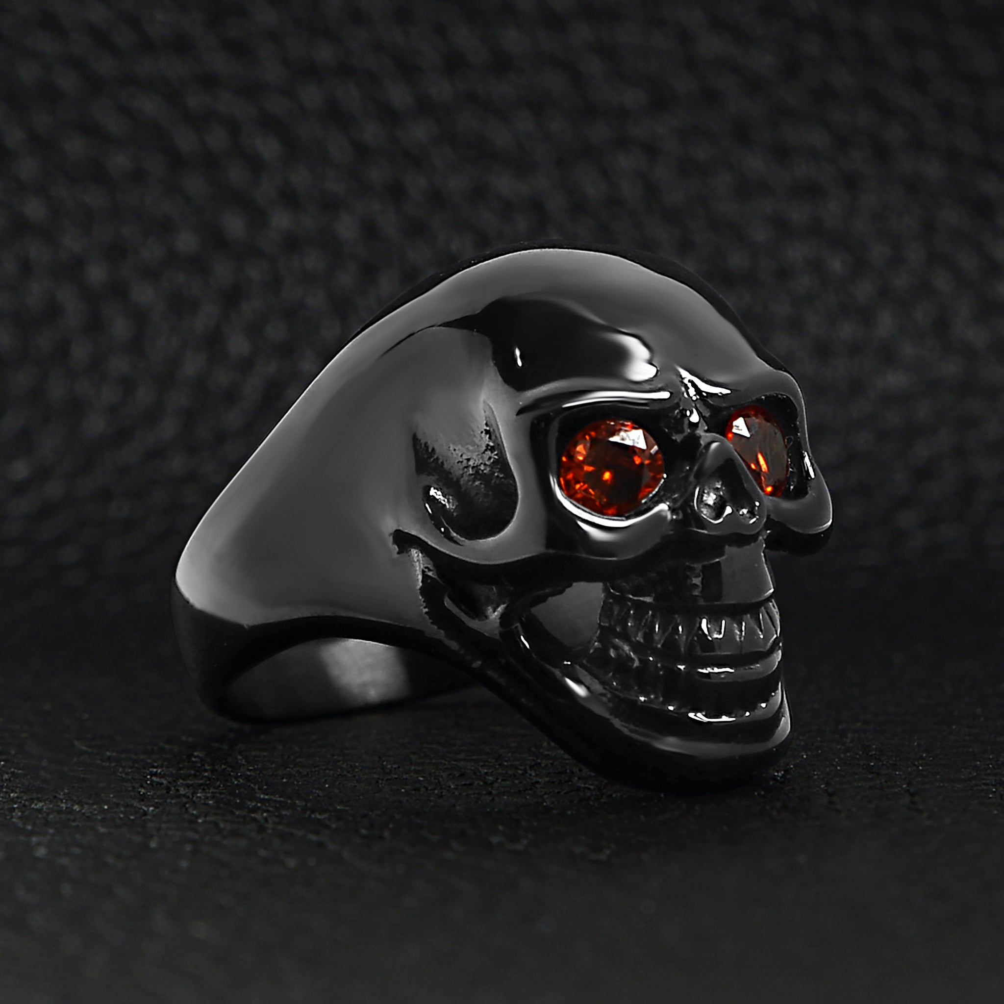 Stainless Steel Red CZ Eyed Black Skull Ring