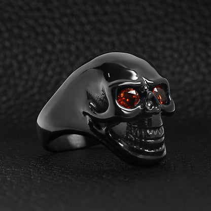Stainless Steel Red CZ Eyed Black Skull Ring