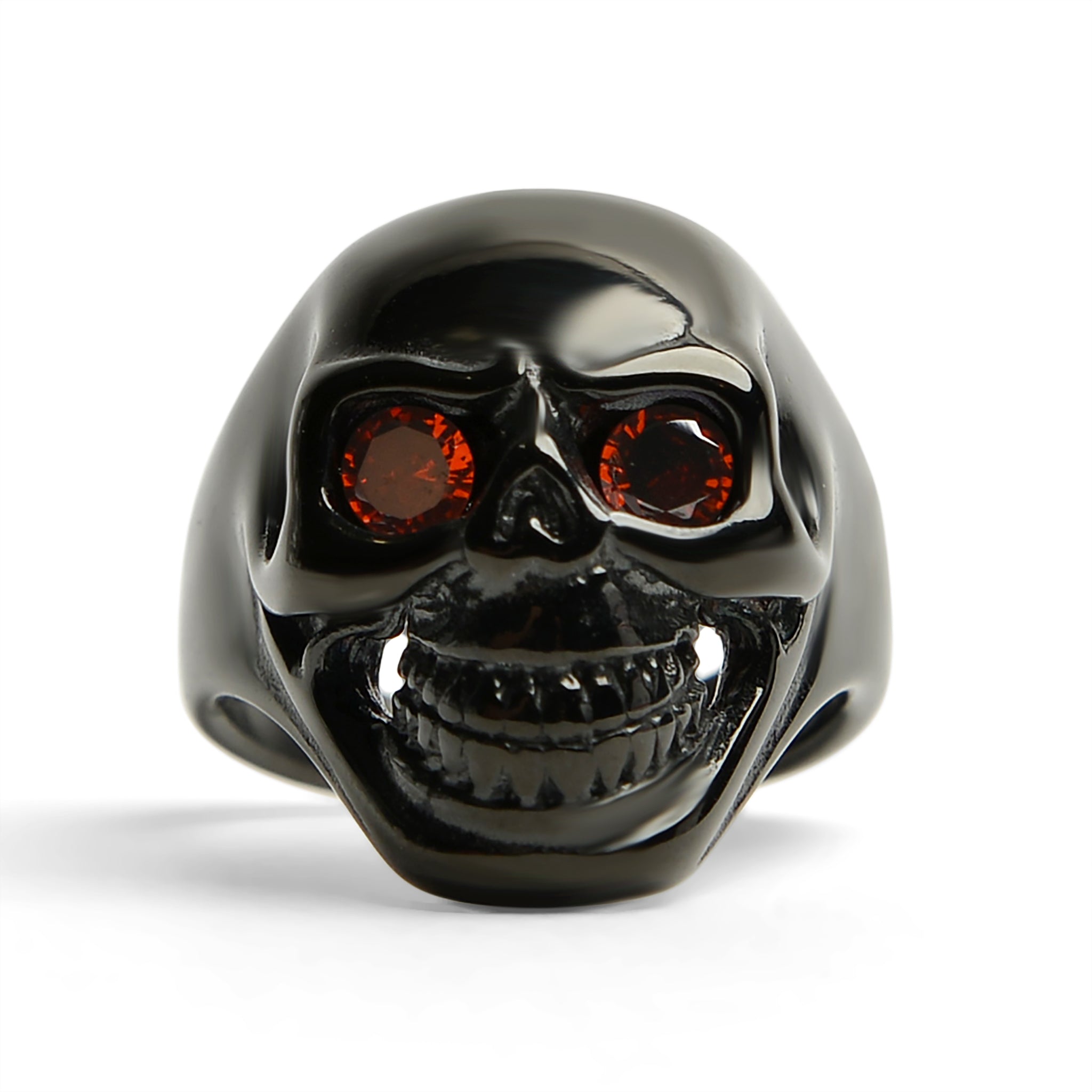 Stainless Steel Red CZ Eyed Black Skull Ring