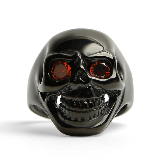 Stainless Steel Red CZ Eyed Black Skull Ring