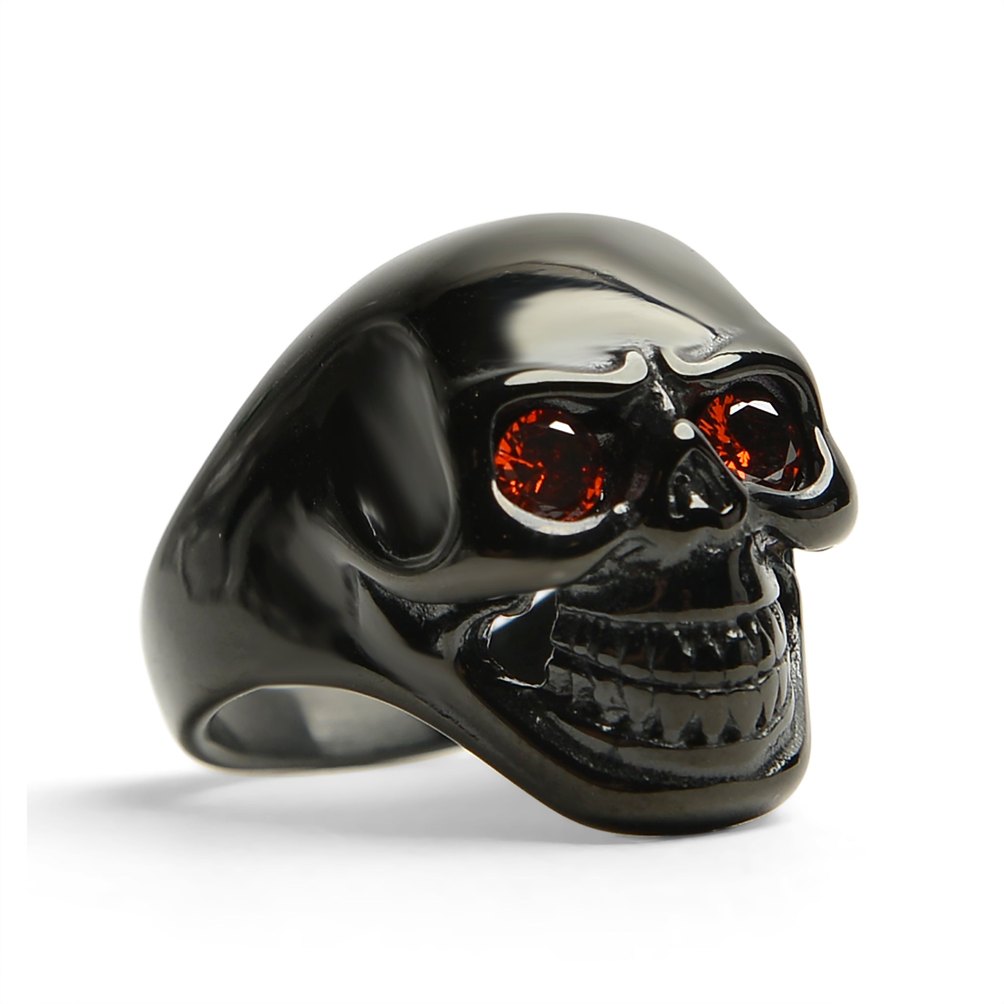 Stainless Steel Red CZ Eyed Black Skull Ring