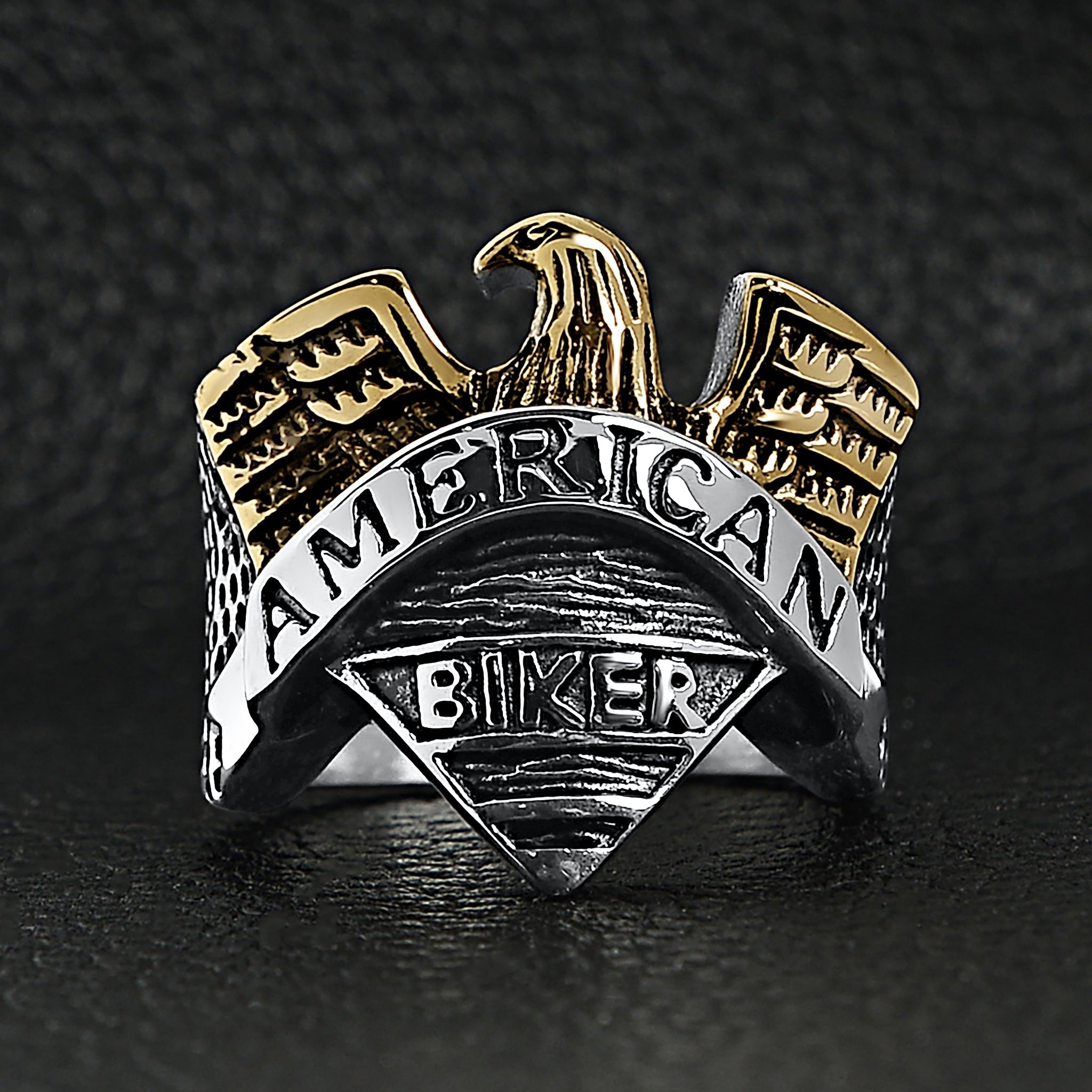 Stainless Steel "AMERICAN BIKER" With 18K Gold PVD Coated Eagle Ring