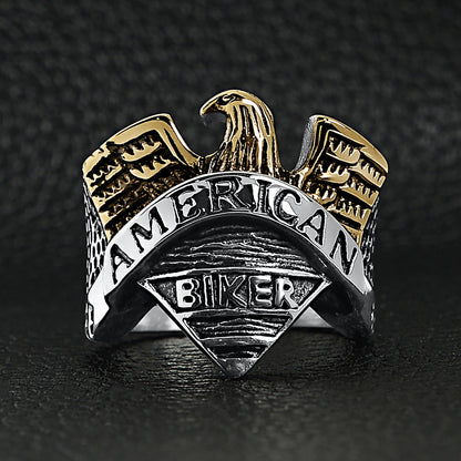 Stainless Steel "AMERICAN BIKER" With 18K Gold PVD Coated Eagle Ring