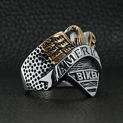 Stainless Steel "AMERICAN BIKER" With 18K Gold PVD Coated Eagle Ring