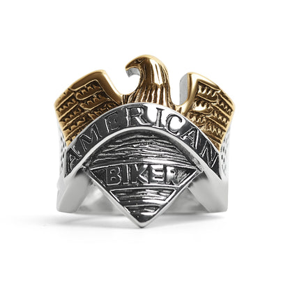 Stainless Steel "AMERICAN BIKER" With 18K Gold PVD Coated Eagle Ring
