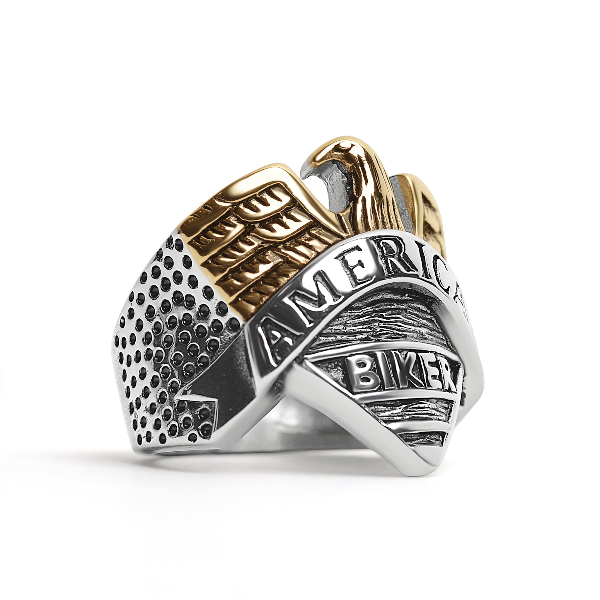 Stainless Steel "AMERICAN BIKER" With 18K Gold PVD Coated Eagle Ring