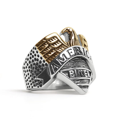 Stainless Steel "AMERICAN BIKER" With 18K Gold PVD Coated Eagle Ring