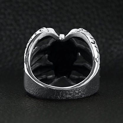Stainless Steel Dragon Claws Holding Red CZ Eyed Skull Ring
