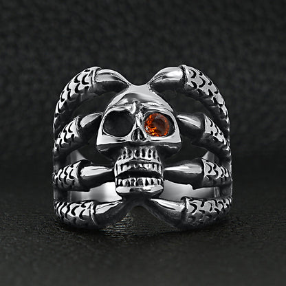 Stainless Steel Dragon Claws Holding Red CZ Eyed Skull Ring