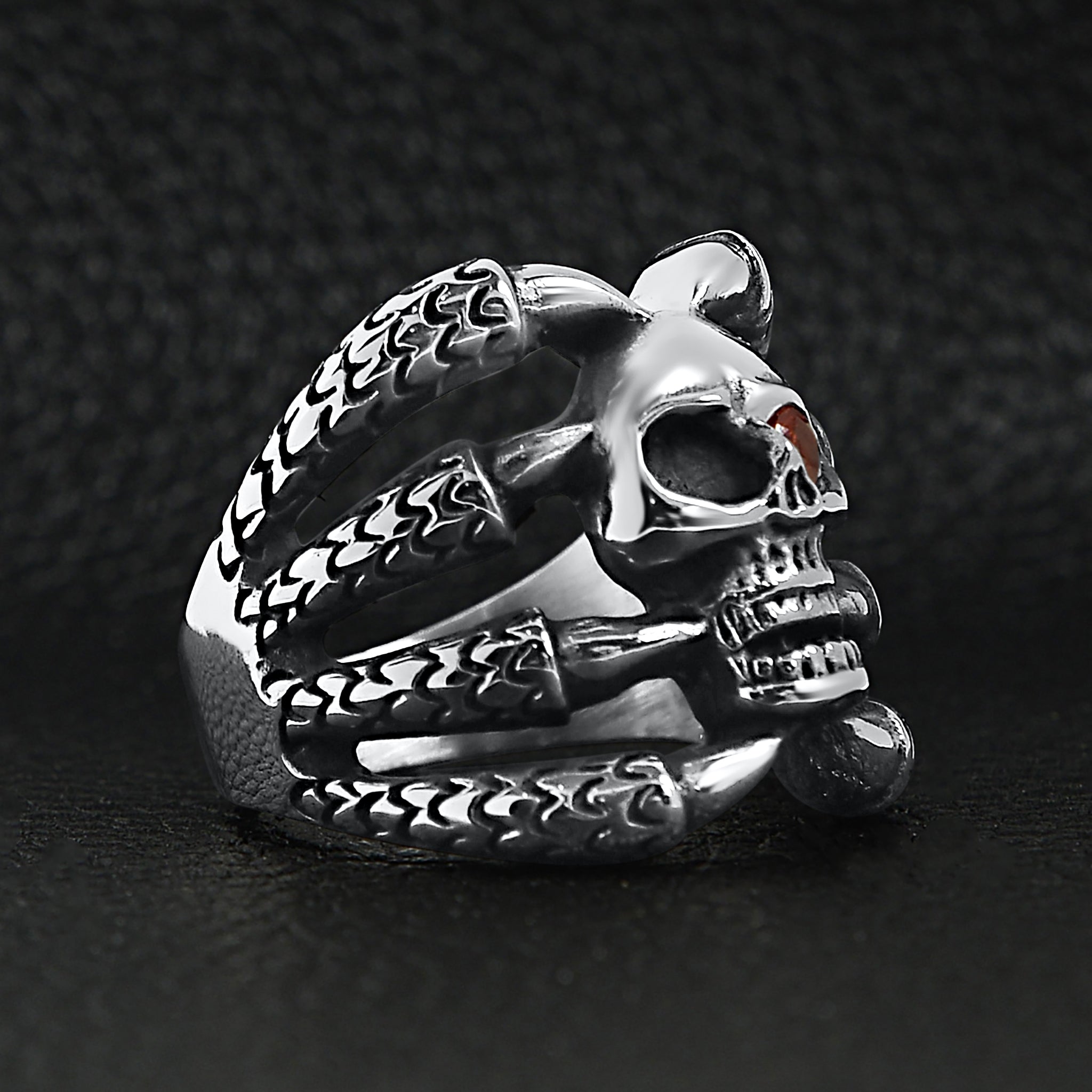 Stainless Steel Dragon Claws Holding Red CZ Eyed Skull Ring