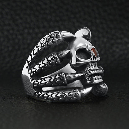 Stainless Steel Dragon Claws Holding Red CZ Eyed Skull Ring