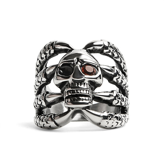 Stainless Steel Dragon Claws Holding Red CZ Eyed Skull Ring