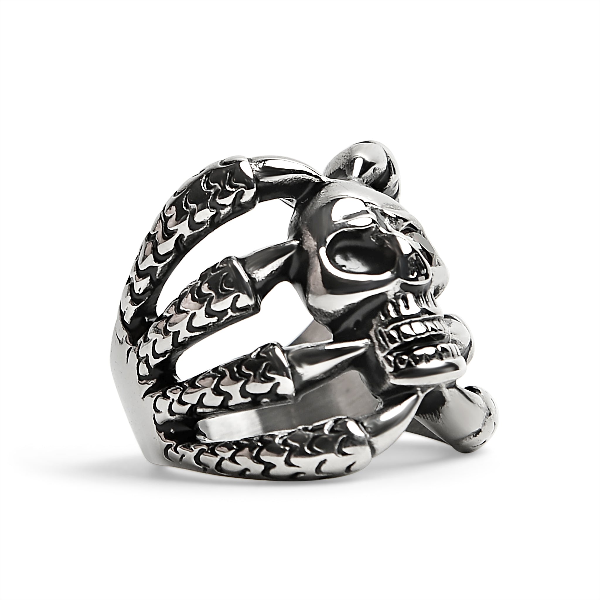 Stainless Steel Dragon Claws Holding Red CZ Eyed Skull Ring