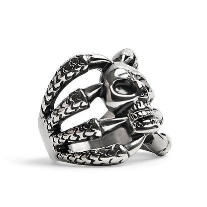 Stainless Steel Dragon Claws Holding Red CZ Eyed Skull Ring
