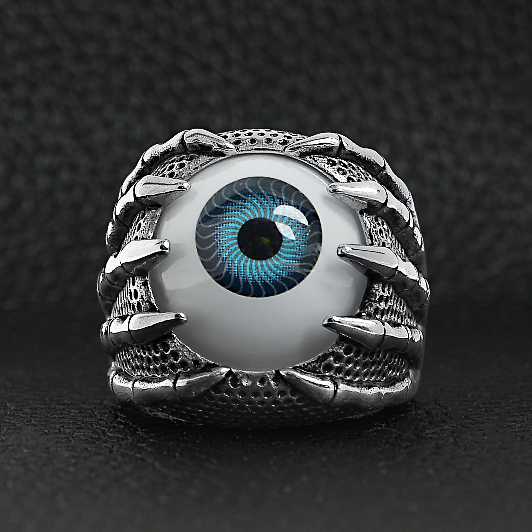 Stainless Steel Skeleton Hands Holding Blue Eyeball Ring