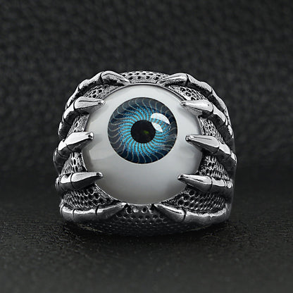 Stainless Steel Skeleton Hands Holding Blue Eyeball Ring