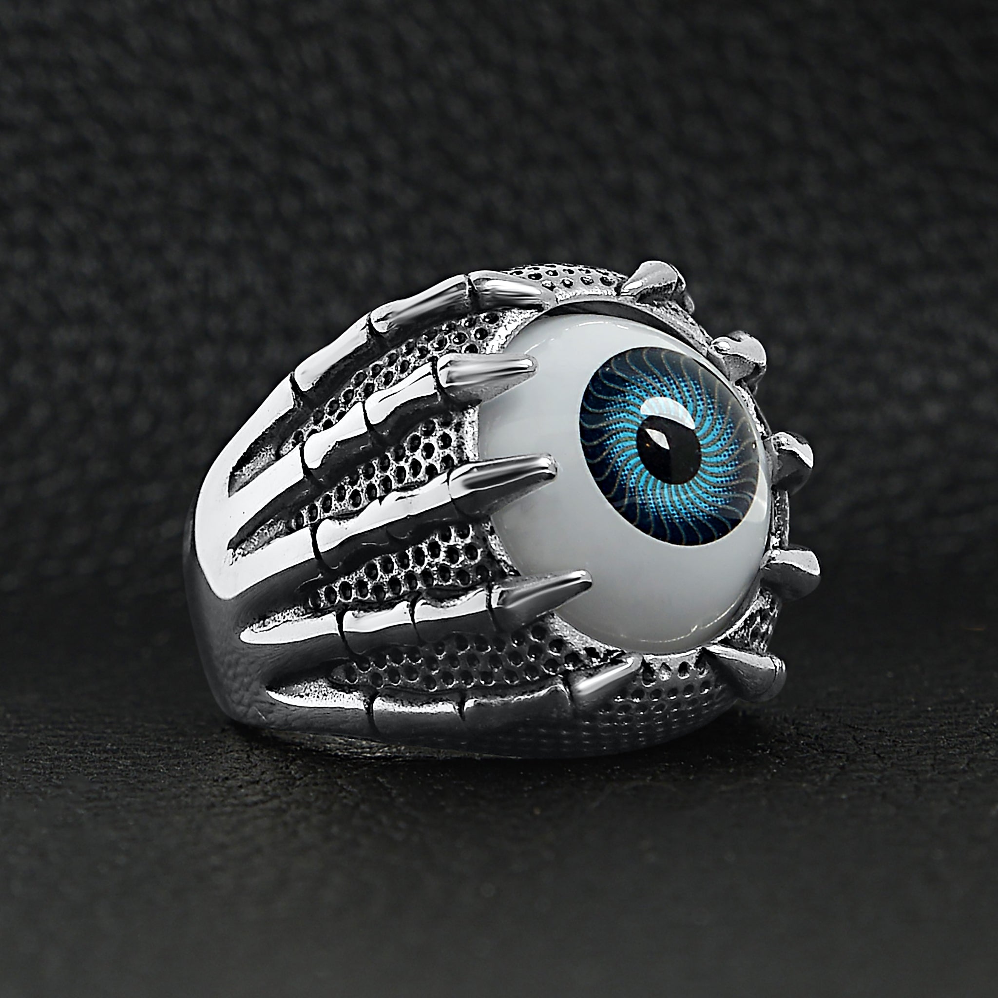 Stainless Steel Skeleton Hands Holding Blue Eyeball Ring