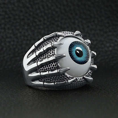 Stainless Steel Skeleton Hands Holding Blue Eyeball Ring