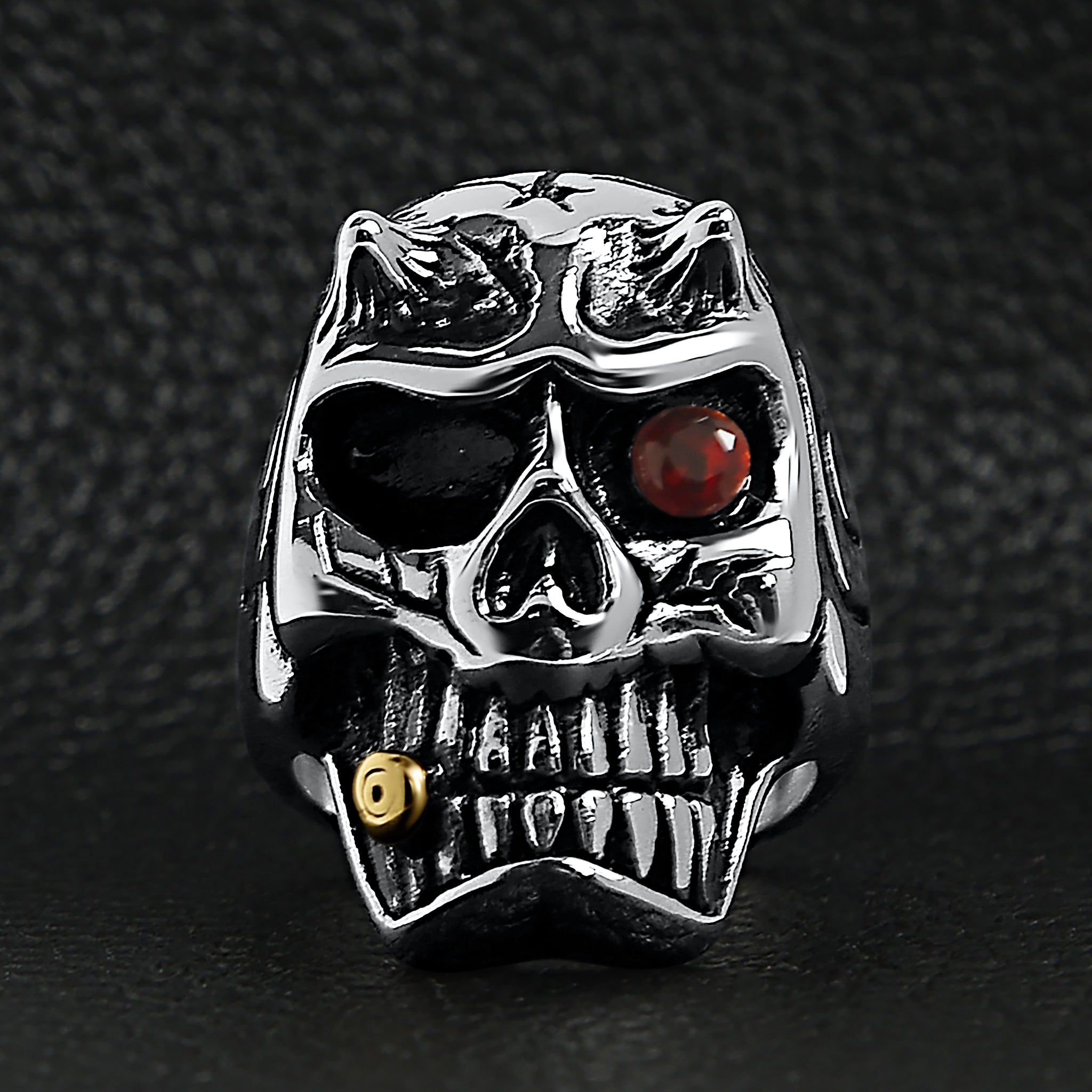 Stainless Steel Devil Skull With Red CZ Eye Smoking 18K Gold PVD Coated Cigar Ring