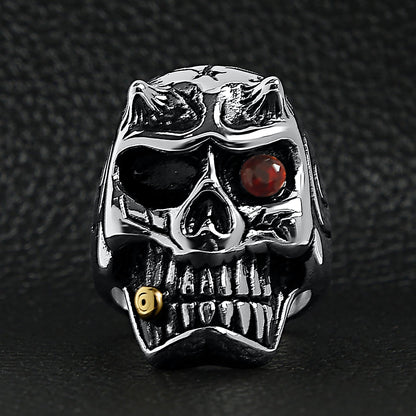 Stainless Steel Devil Skull With Red CZ Eye Smoking 18K Gold PVD Coated Cigar Ring
