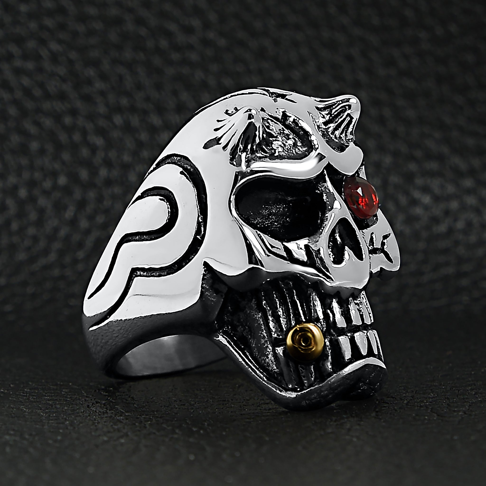 Stainless Steel Devil Skull With Red CZ Eye Smoking 18K Gold PVD Coated Cigar Ring