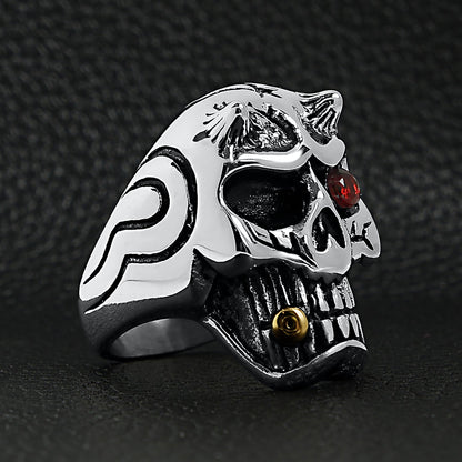 Stainless Steel Devil Skull With Red CZ Eye Smoking 18K Gold PVD Coated Cigar Ring
