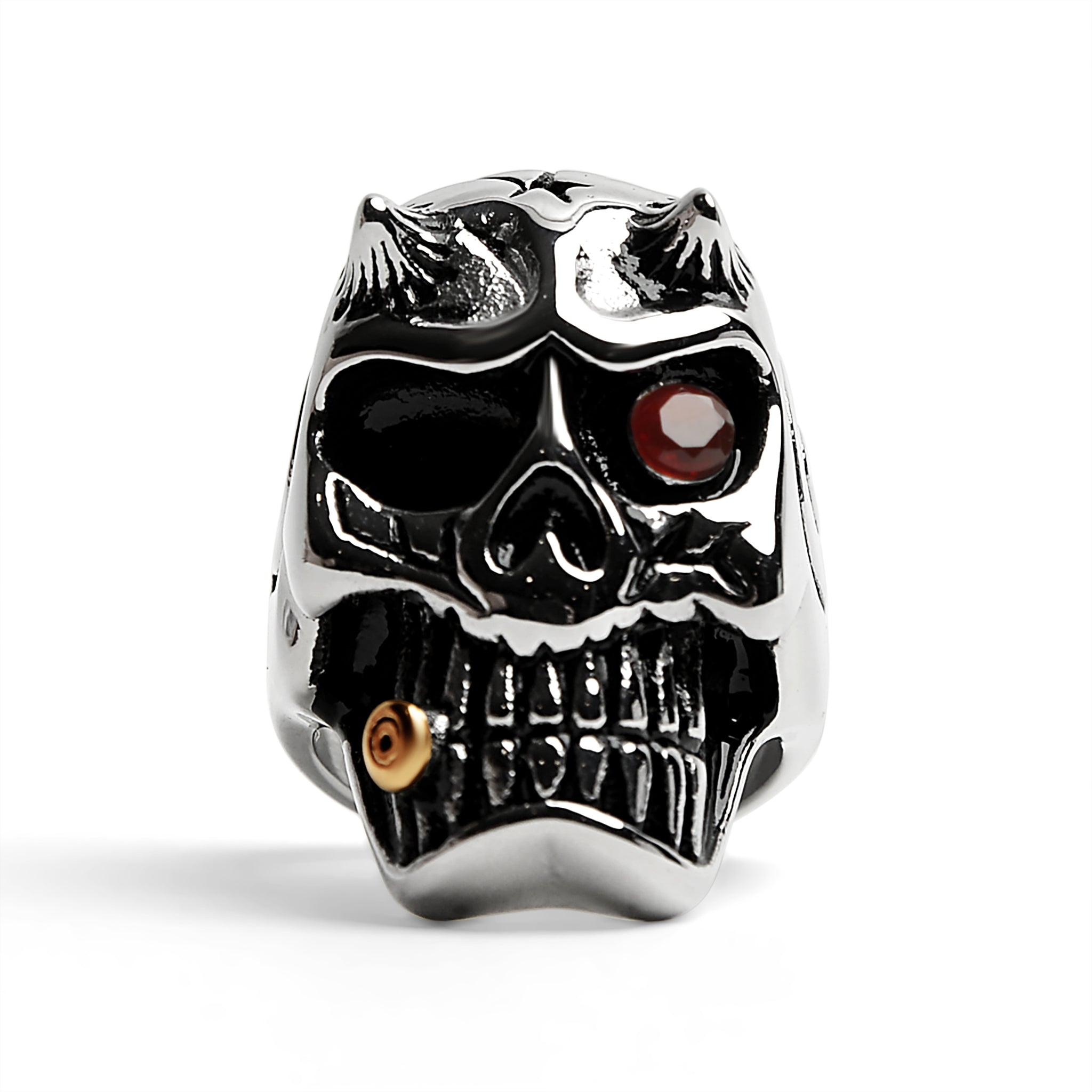 Stainless Steel Devil Skull With Red CZ Eye Smoking 18K Gold PVD Coated Cigar Ring