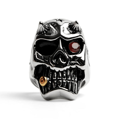 Stainless Steel Devil Skull With Red CZ Eye Smoking 18K Gold PVD Coated Cigar Ring