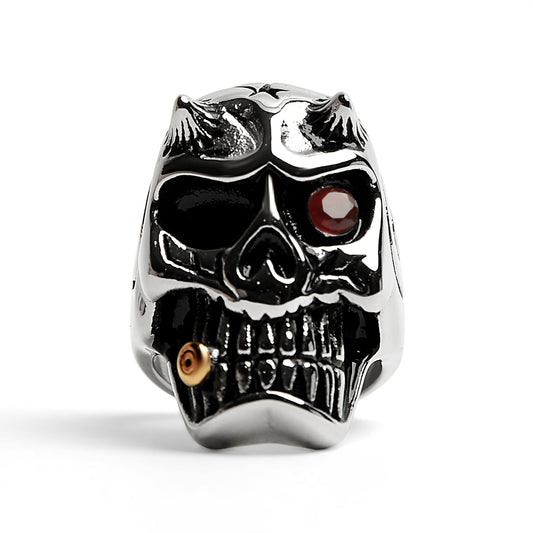 Stainless Steel Devil Skull With Red CZ Eye Smoking 18K Gold PVD Coated Cigar Ring