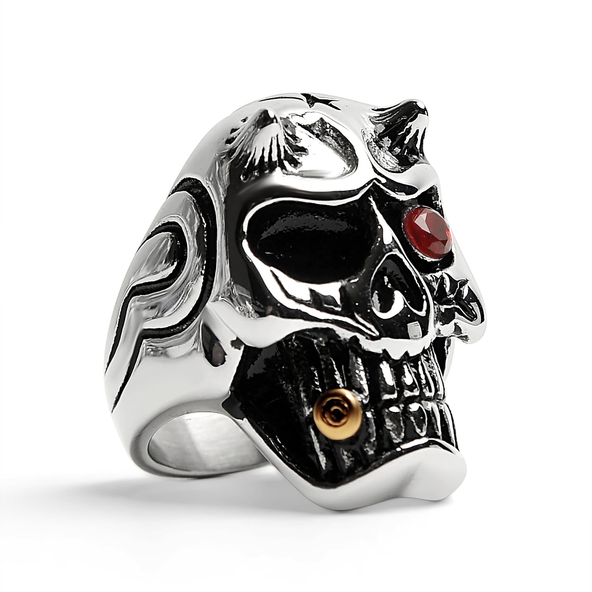 Stainless Steel Devil Skull With Red CZ Eye Smoking 18K Gold PVD Coated Cigar Ring