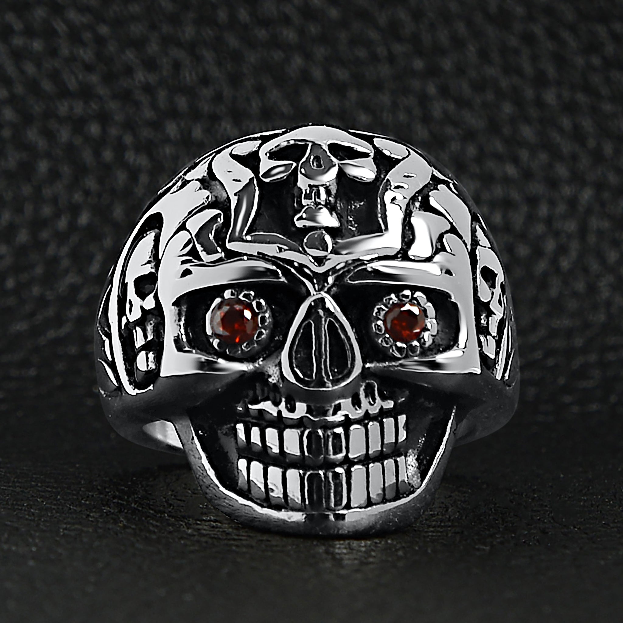 Stainless Steel Red CZ Eyed Sugar Skull Ring