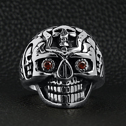 Stainless Steel Red CZ Eyed Sugar Skull Ring