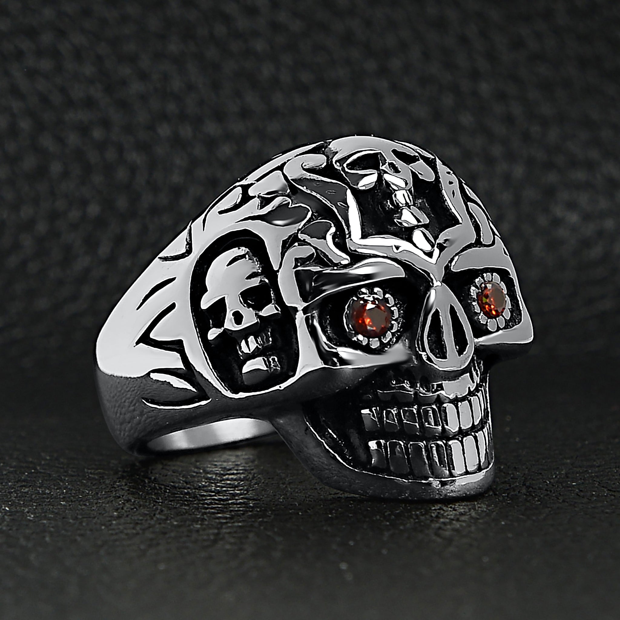 Stainless Steel Red CZ Eyed Sugar Skull Ring