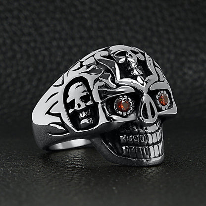 Stainless Steel Red CZ Eyed Sugar Skull Ring