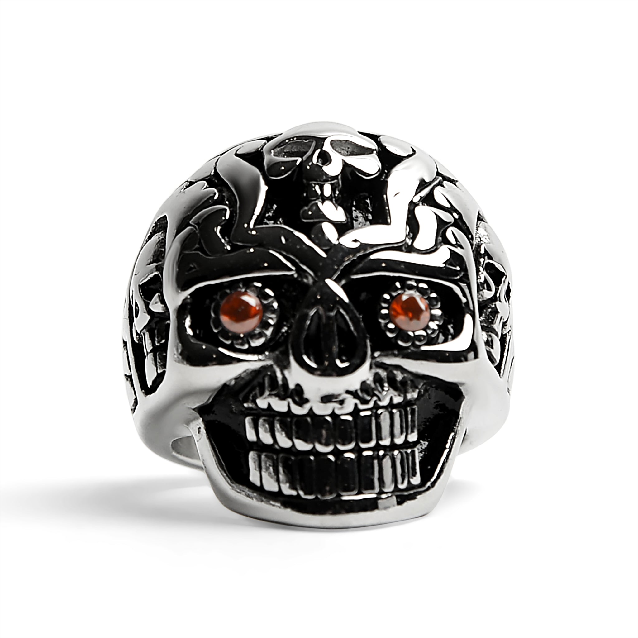 Stainless Steel Red CZ Eyed Sugar Skull Ring