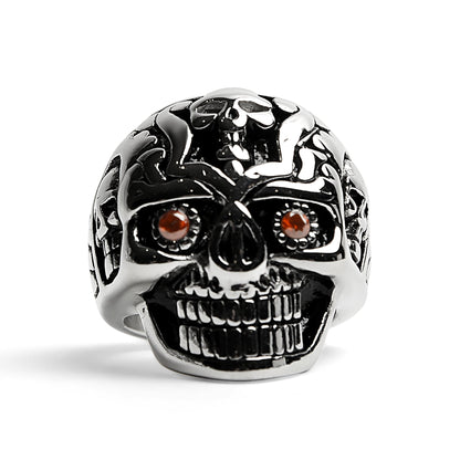 Stainless Steel Red CZ Eyed Sugar Skull Ring